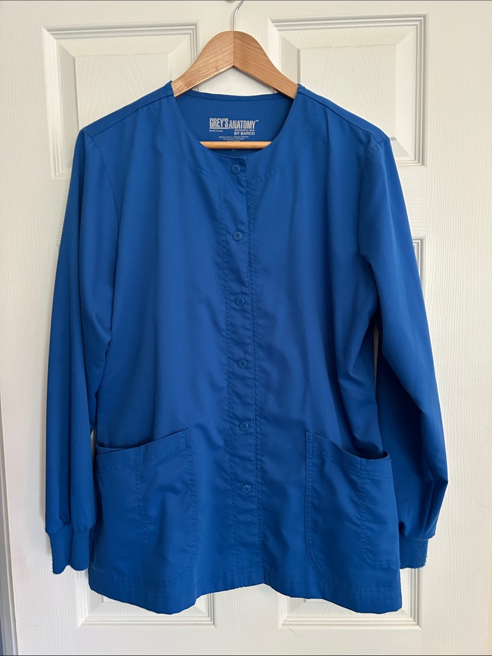 Women’s Grey's Anatomy Royal Blue Button-Front Medical Scrub Jacket, size large